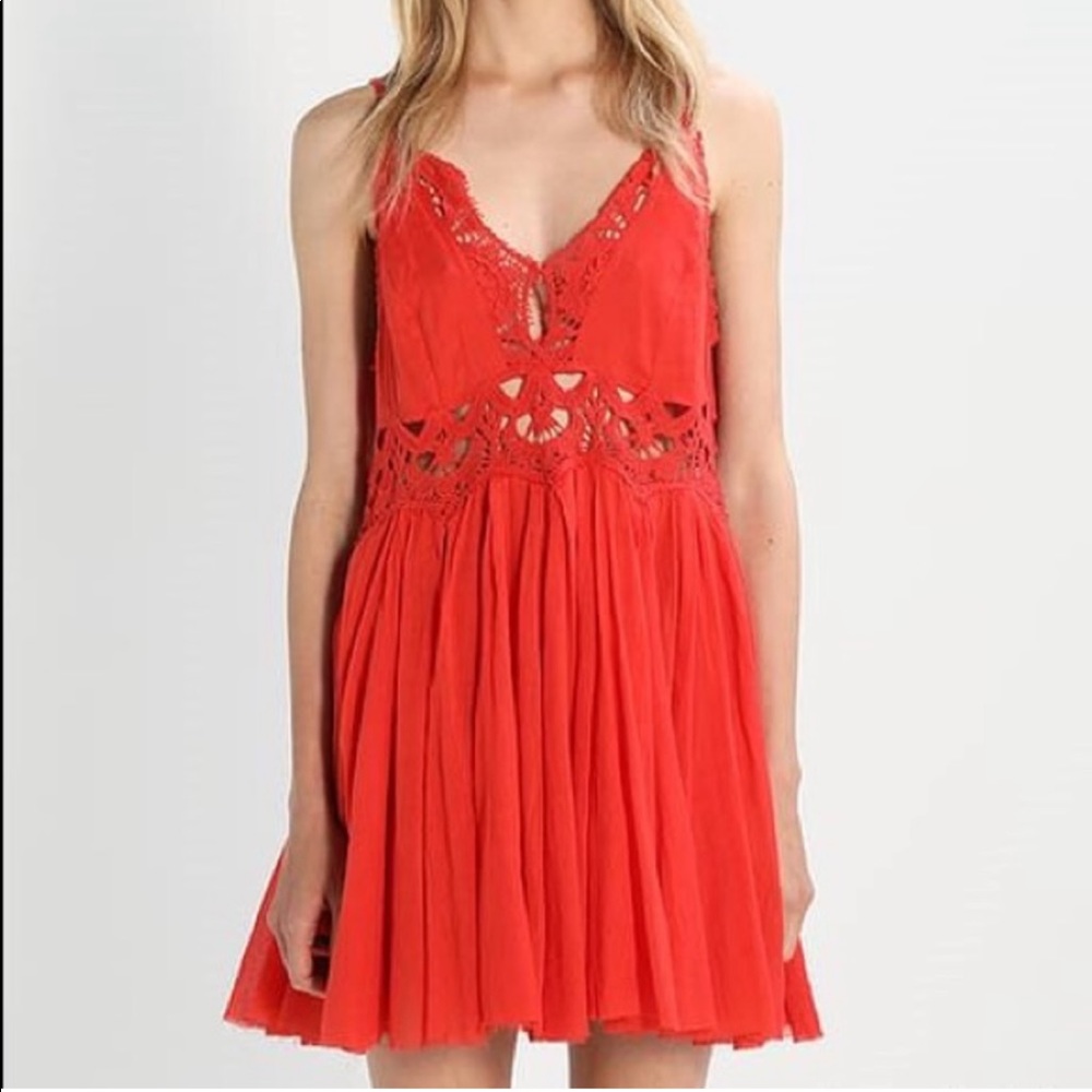 Free People Boho Sweet! Deep-V Crochet Lace Detail Raw Hem Mini Dress